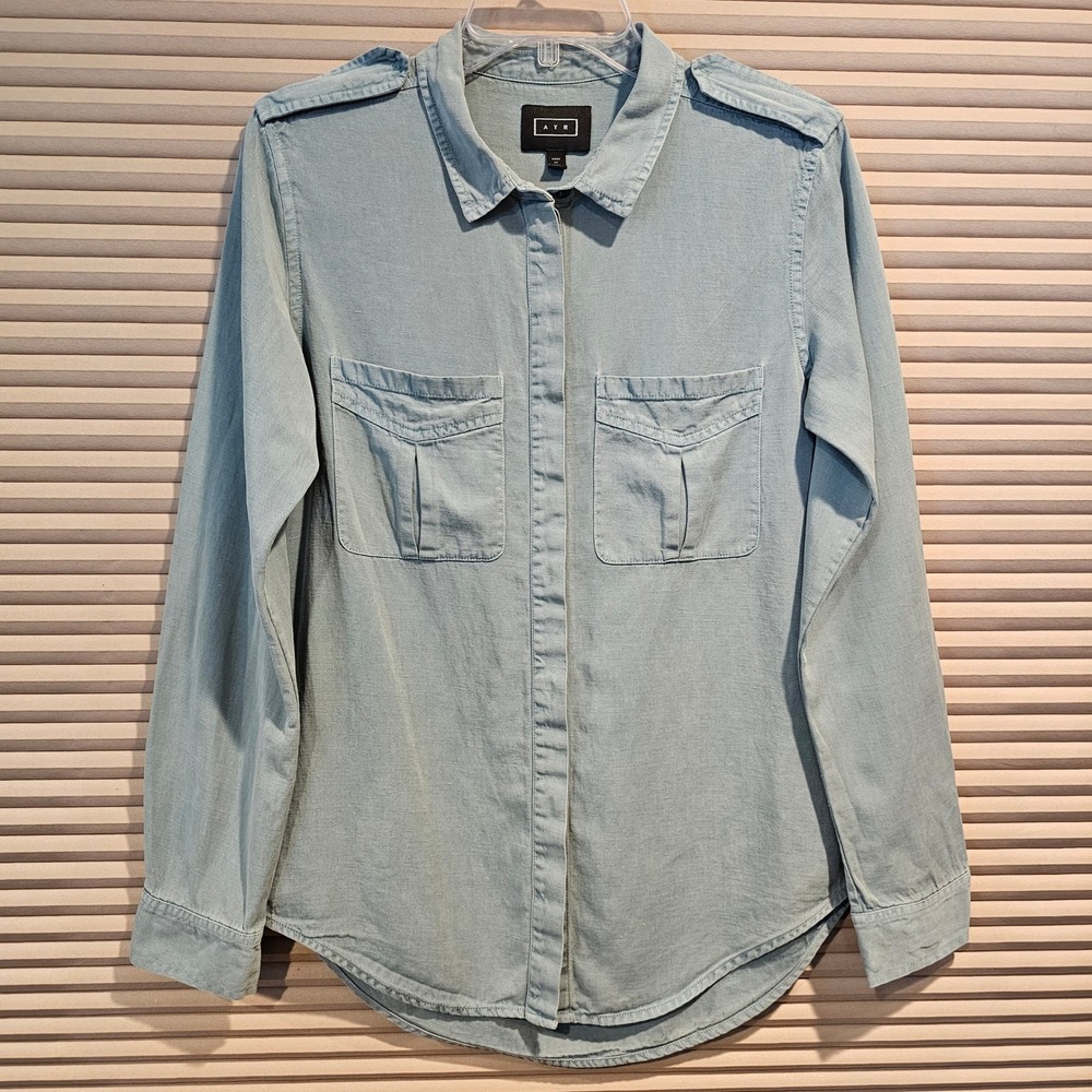 AYR Womens Utility Button Down Shirt Light Blue Lyocell Linen Cotton‎ Epaulets S